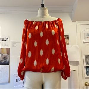 Silky Balloon Sleeve Blouse Color: Red with Cream Dots